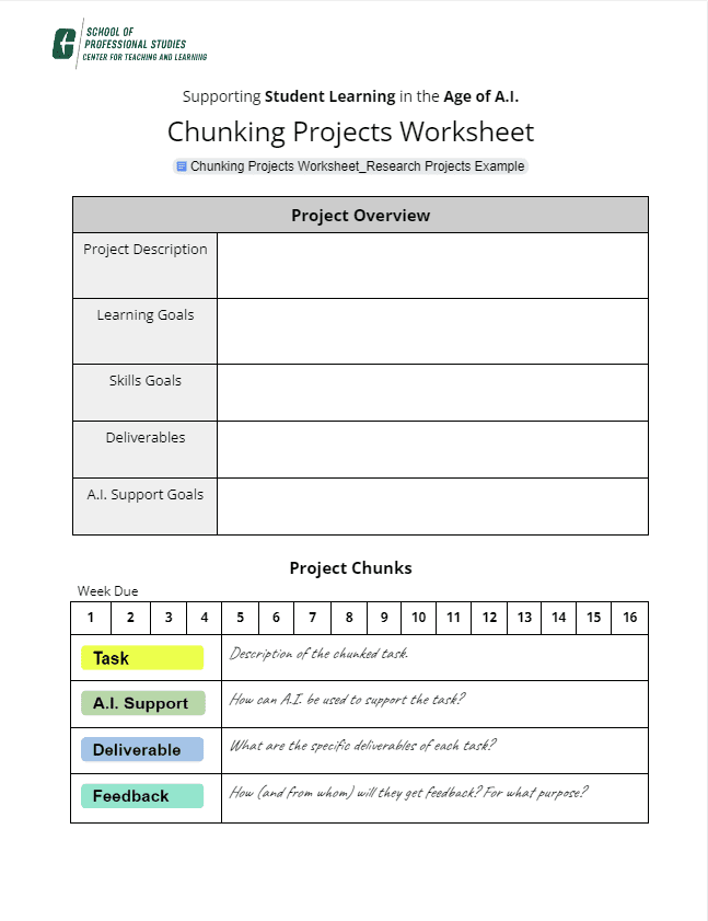Supporting Student Learning in the Age of A.I.: Chunking Projects Worksheet, available for download. 