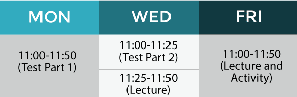 Image of 3 day split. Mon: 11-11:50 (Test Part 1). Wed: 11-11:25 (Test Part 2), 11:25-11:50 (Lecture). Fri: 11-11:50 (Lecture and Activity). 