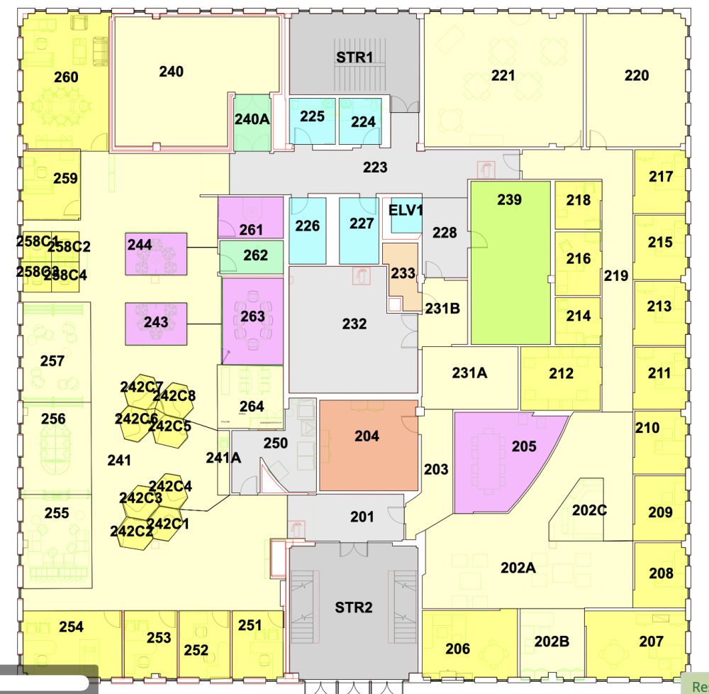 Space map of Kennedy Building second floor, including room numbers
